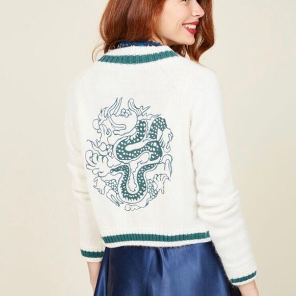 Modcloth Sweater Cardigan Just The Fortuitous Embroidered Dragon Sz L Statement - Picture 1 of 11